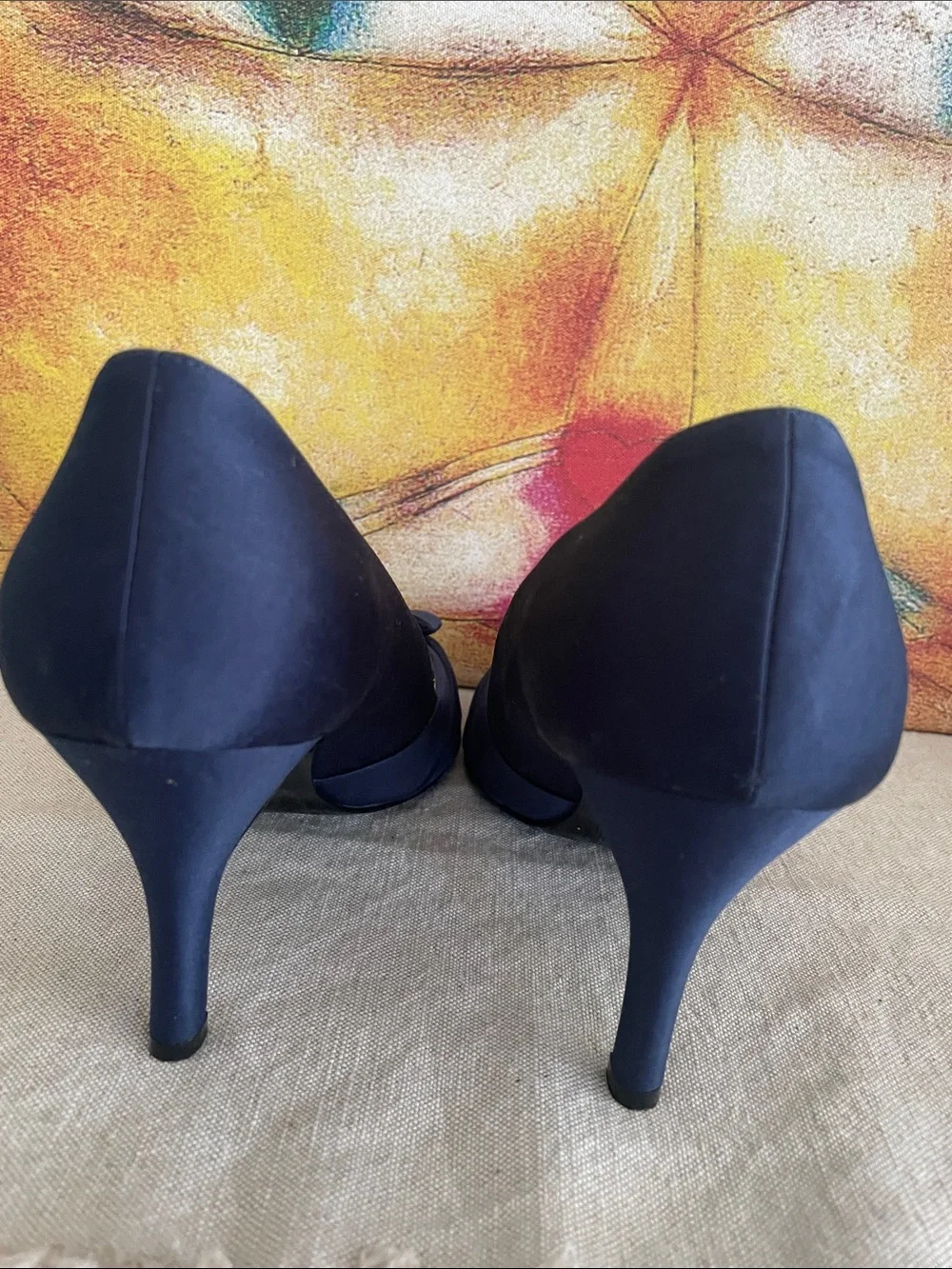 Nina Navy Satin Peep-Toe Bow Heels Sz 10 style Forbes 3”